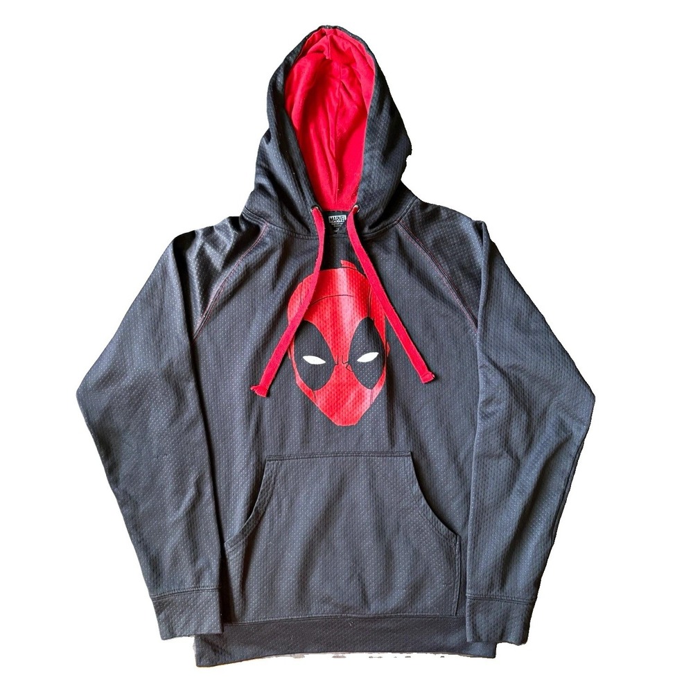 Marvel Deadpool Black/Red Pullover Hoodie Sweatshirt Graphic Logo Pockets Size S